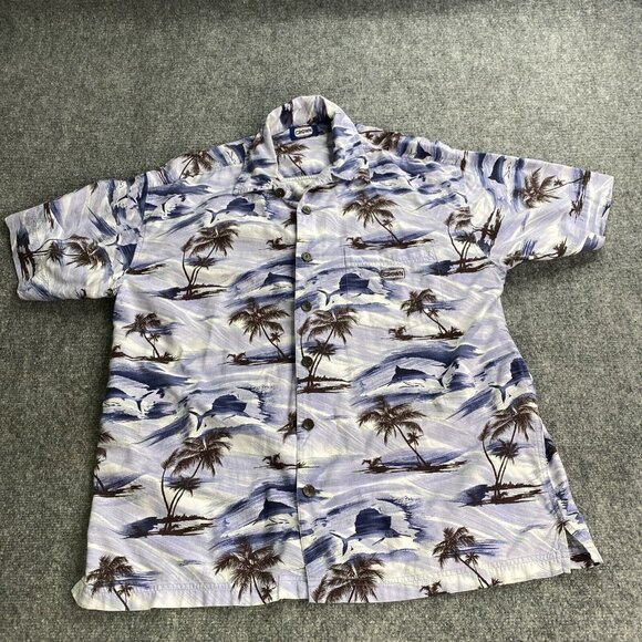 Crown Shirt Men's Large Blue‎ Hawaiian Palm Trees Swordfish Button Beach Resort - Picture 1 of 11